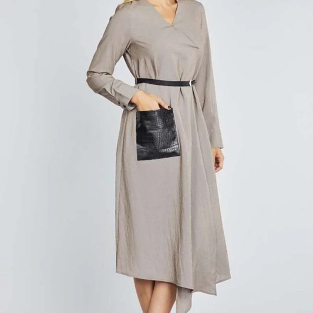 Belted Midi Dress w/ Faux Leather Pocket and Belt | Long Sleeve